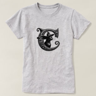 Black Cat Witch Witchy Letter C Custom Initial T-Shirt