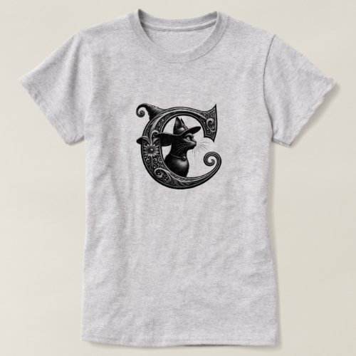 Black Cat Witch Witchy Letter C Custom Initial  T_Shirt