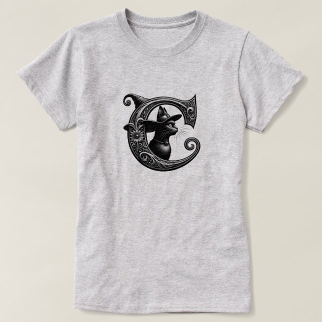 Black Cat Witch Witchy Letter C Custom Initial  T-Shirt (Design Front)