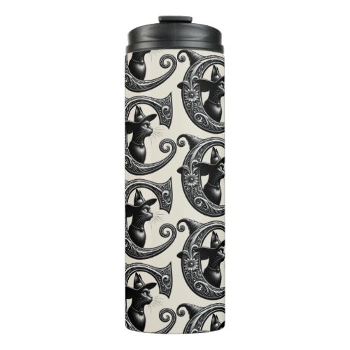 Black Cat Witch Witchy Letter C Custom Initial  Thermal Tumbler