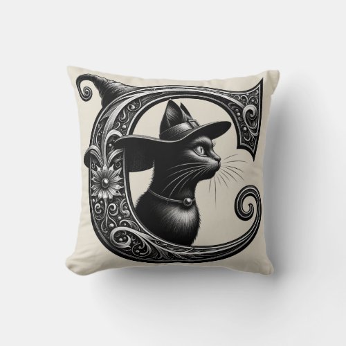 Black Cat Witch Witchy Letter C Custom Initial   Throw Pillow
