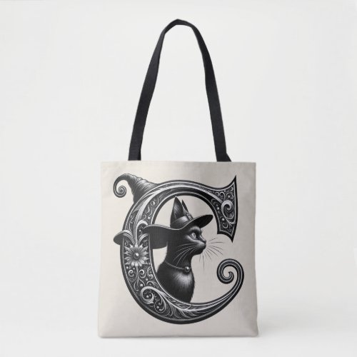 Black Cat Witch Witchy Letter C Custom Initial  Tote Bag