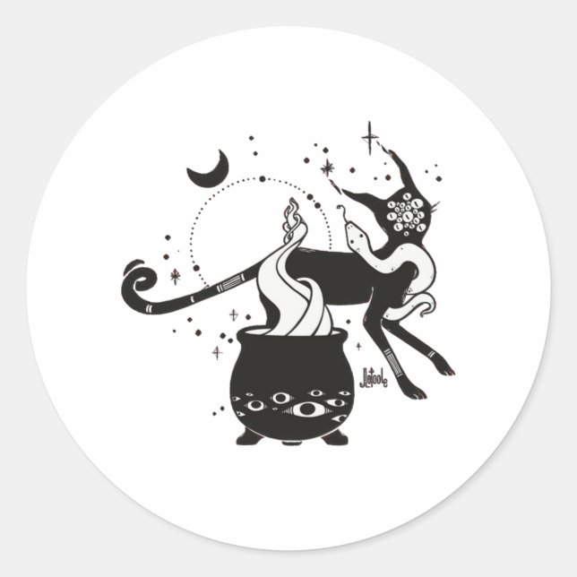 Black Cat Witch With Cauldron, Gothic Art Classic Round Sticker (Front)