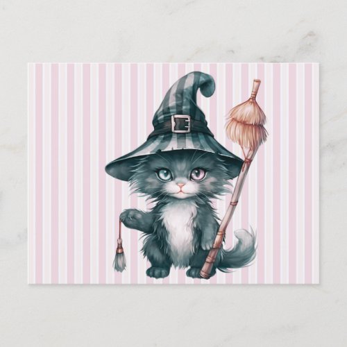 Black Cat Witches Hat Broom Pink Stripes Halloween Holiday Postcard