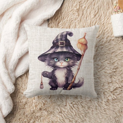 Black Cat Witches Hat Burlap Halloween Throw Pillow