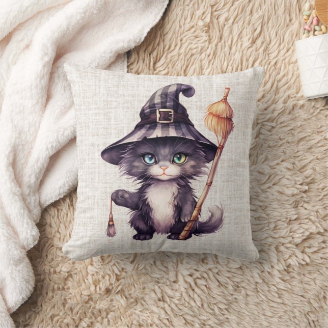 Black Cat Witches Hat Burlap Halloween Throw Pillow (Blanket)