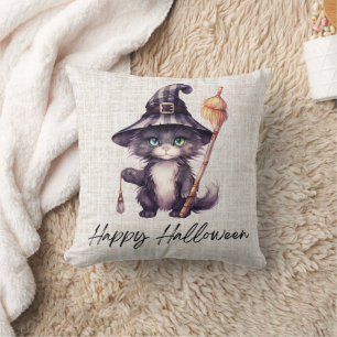 Black Cat Witches Hat Burlap Happy Halloween Throw Pillow