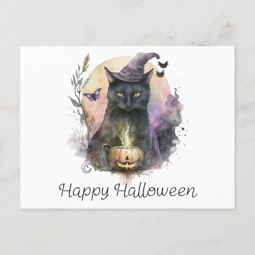 Black Cat Witches Hat Butterflies Happy Halloween Holiday Postcard
