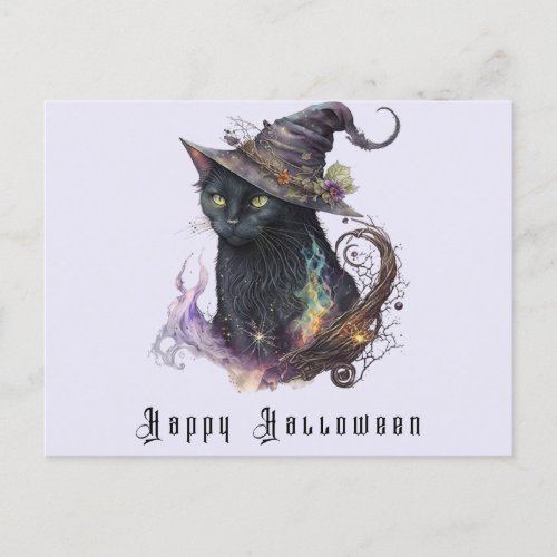 Black Cat Witches Hat Light Purple Happy Halloween Holiday Postcard