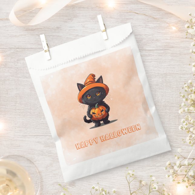 Black Cat Witches Hat Pumpkin Happy Halloween Favor Bag (Clipped)
