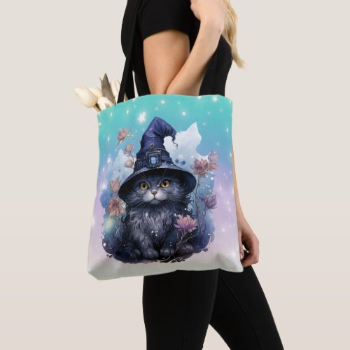 Black Cat Witches Hat Rainbow Pastel Halloween Tote Bag