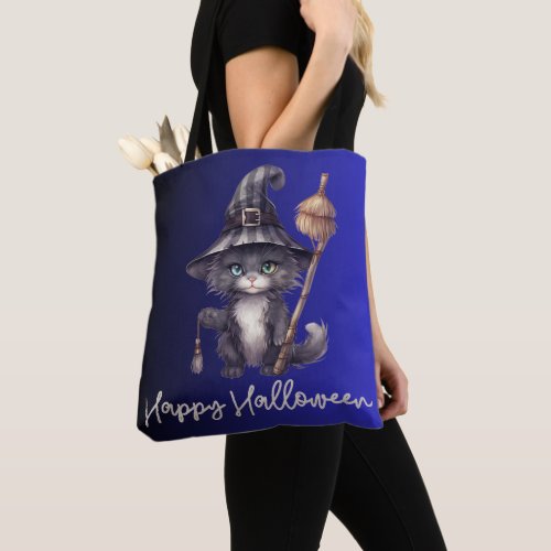 Black Cat Witchs Hat Broom Blue Happy Halloween Tote Bag