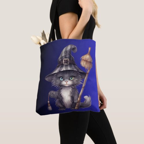 Black Cat Witchs Hat Broom Blue Ombre Halloween Tote Bag