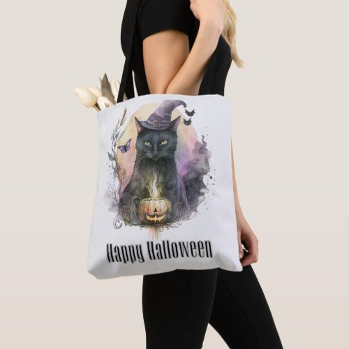 Black Cat Witchs Hat Full Moon Happy Halloween Tote Bag
