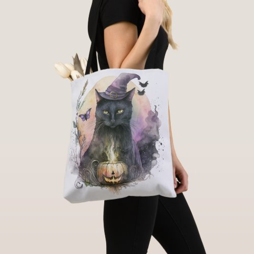 Black Cat Witchs Hat Full Moon White Halloween Tote Bag