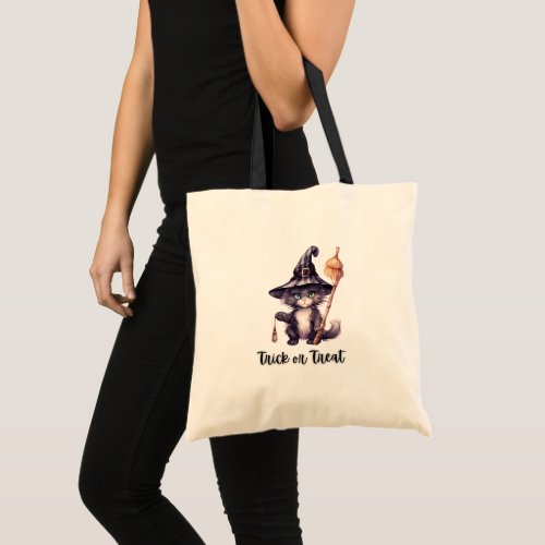 Black Cat Witchs Hat Witchs Broom Trick or Treat Tote Bag