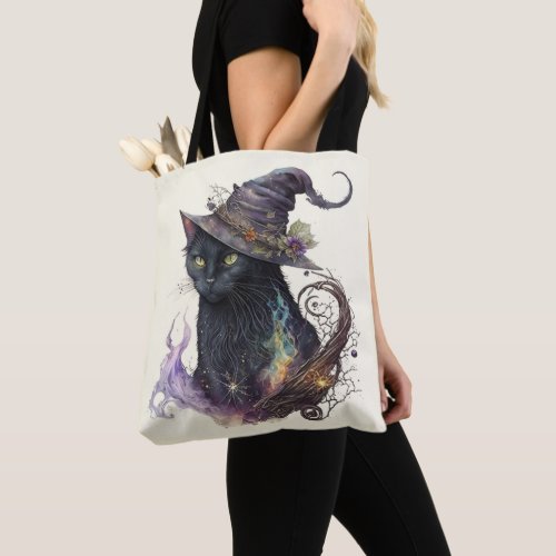 Black Cat Witchs Hat Yellow Halloween Tote Bag