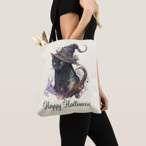Black Cat Witchs Hat Yellow Happy Halloween Tote Bag