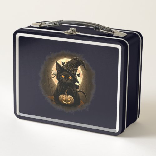 Black Cat Witchy Pumpkin Moon Spooky Halloween Wom Metal Lunch Box