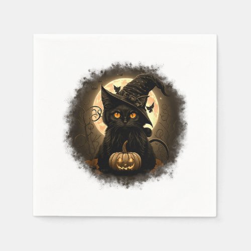 Black Cat Witchy Pumpkin Moon Spooky Halloween Wom Napkins