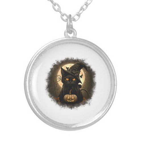 Black Cat Witchy Pumpkin Moon Spooky Halloween Wom Silver Plated Necklace