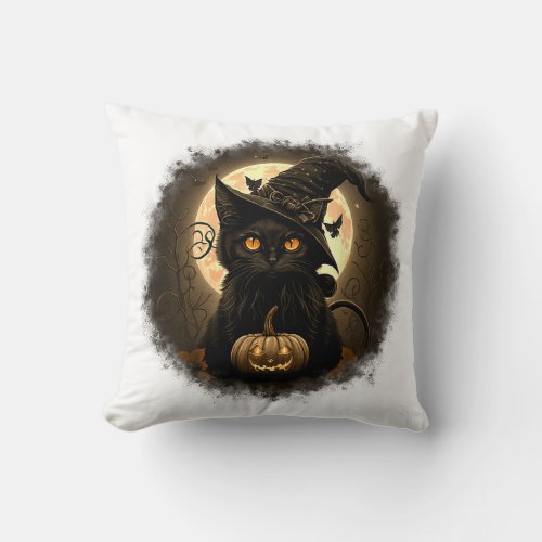 Black Cat Witchy Pumpkin Moon Spooky Halloween Wom Throw Pillow