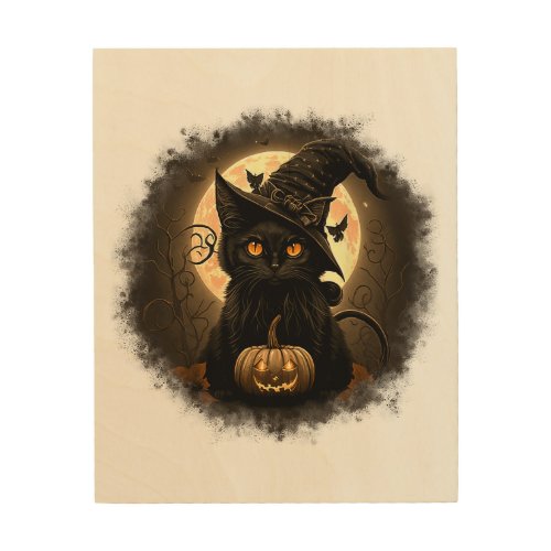 Black Cat Witchy Pumpkin Moon Spooky Halloween Wom Wood Wall Art