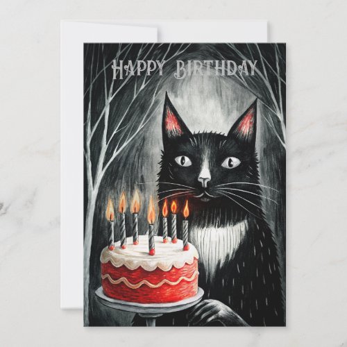 Black Cat With A Cake Gothic  Holiday Card