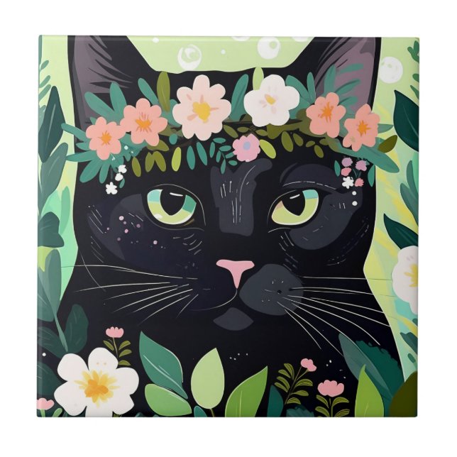 Black cat with a floral crown ceramic tile (Front)