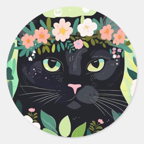 Black cat with a floral crown classic round sticker
