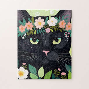 Black cat with a floral crown jigsaw puzzle