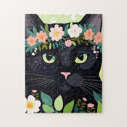 Black cat with a floral crown jigsaw puzzle
