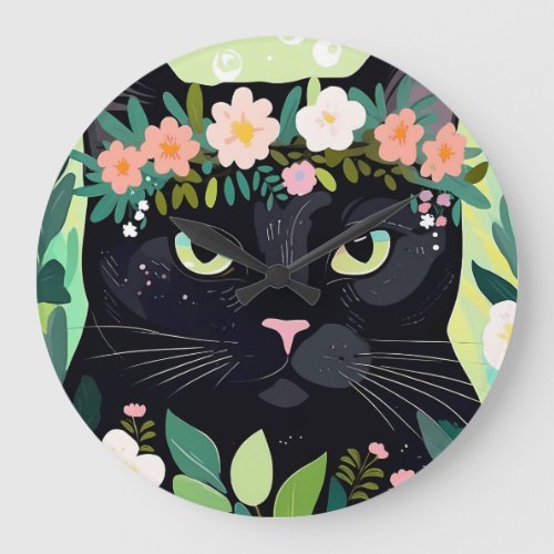 Black cat with a floral crown large clock