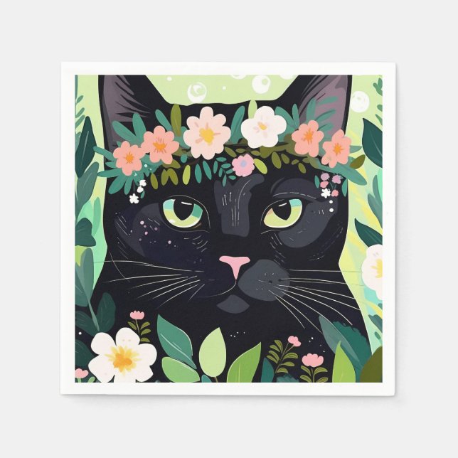 Black cat with a floral crown napkins (Front)