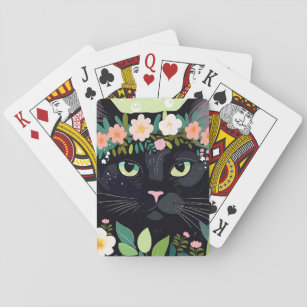 Black cat with a floral crown playing cards