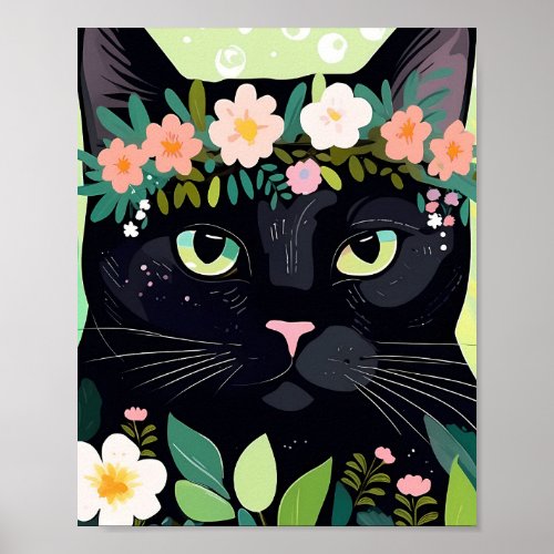 Black cat with a floral crown poster