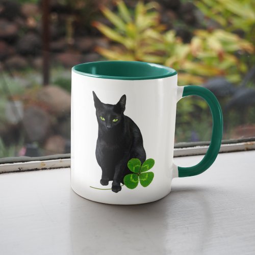 Black Cat with a Four Leaf Clover Mug