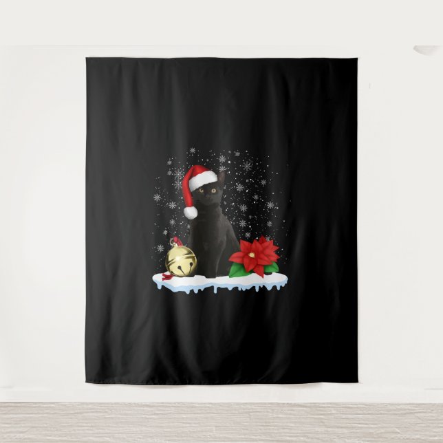 Black Cat With A Santa Hat Christmas Cat Costume Tapestry (Front)