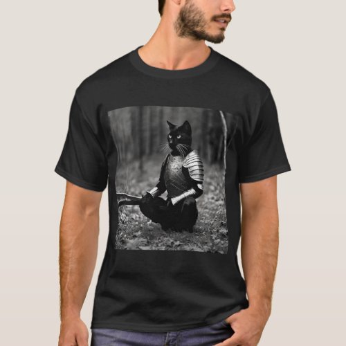BLACK CAT WITH ARMOR AND SWORD T_Shirt