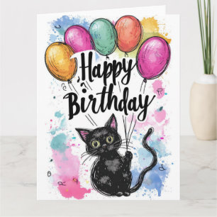 Black Cat with Balloons Card