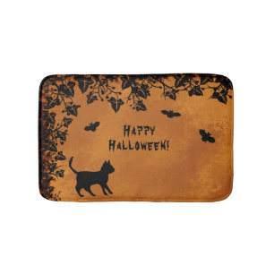 Black Cat with Bat , Happy Halloween Bath Mat