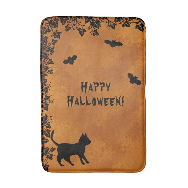 Black Cat with Bat , Happy Halloween Bath Mat (Front Vertical)