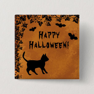 Black Cat with Bat , Happy Halloween Button