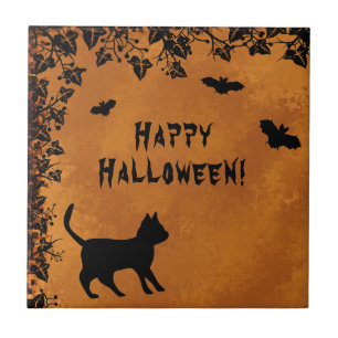 Black Cat with Bat , Happy Halloween Ceramic Tile