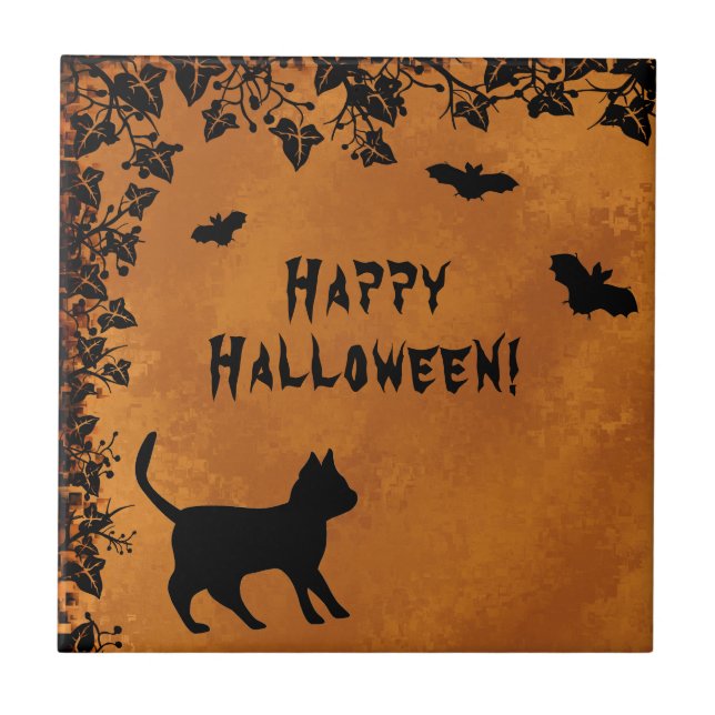 Black Cat with Bat , Happy Halloween Ceramic Tile (Front)