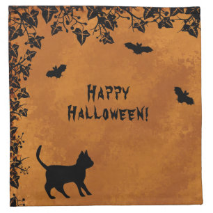 Black Cat with Bat , Happy Halloween Cloth Napkin