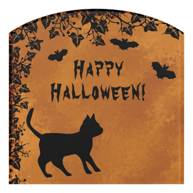 Black Cat with Bat , Happy Halloween Door Sign (Contour Front)