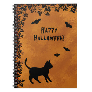 Black Cat with Bat , Happy Halloween Notebook