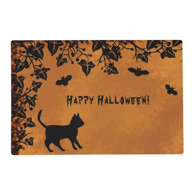 Black Cat with Bat , Happy Halloween Pet Mat (Front)