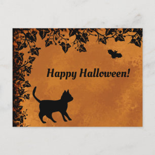 Black Cat with Bat , Happy Halloween Postcard